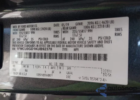 2019 Ford Escape Se z USA, uszkodzony, nr VIN 1FMCU0GD1KUB92370